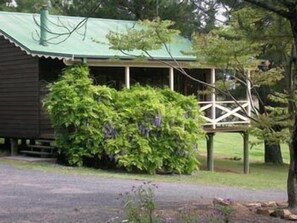 A rustic cabin with a porch, surrounded by lush greenery. - Madison's Mountain Retreat (Kurrajong Heights)