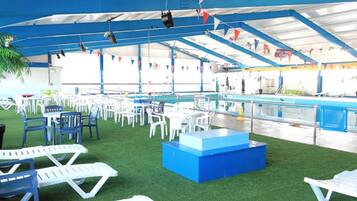 Indoor pool, outdoor pool, pool loungers