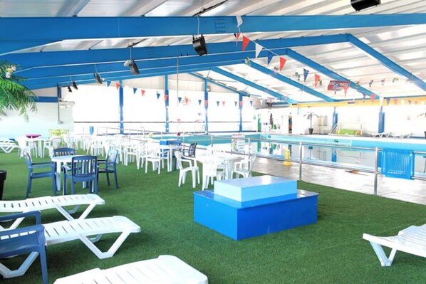 Indoor pool, outdoor pool, pool loungers