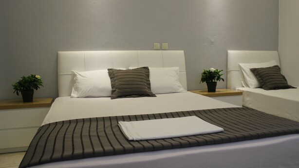 A modern hotel room with a large bed, two bedside tables with potted plants, and a neutral color scheme. - Zeus Hotel (Dio-Olympos)