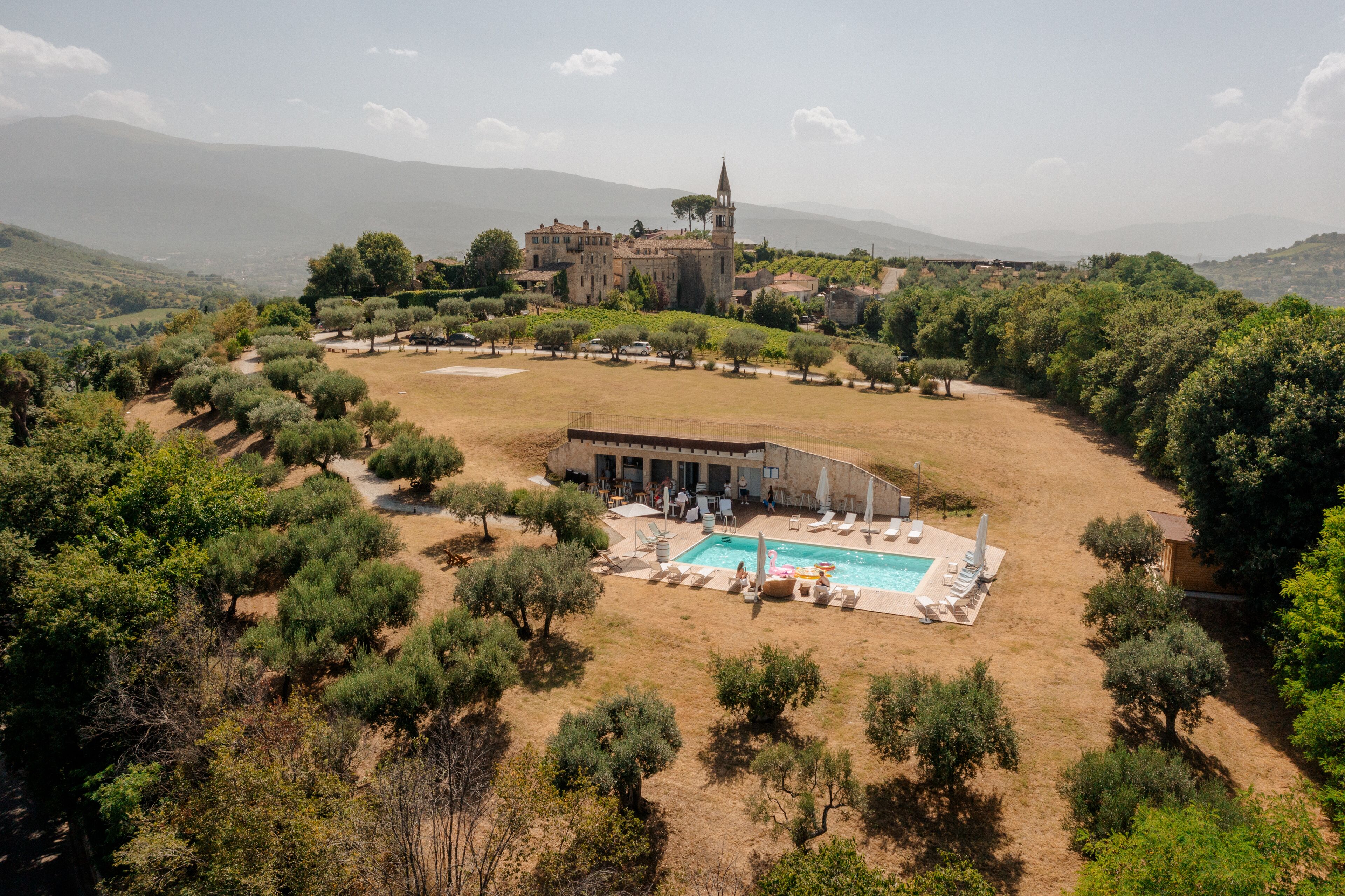 Una grande villa con piscina, circondata da ulivi e con vista su un edificio storico in lontananza.