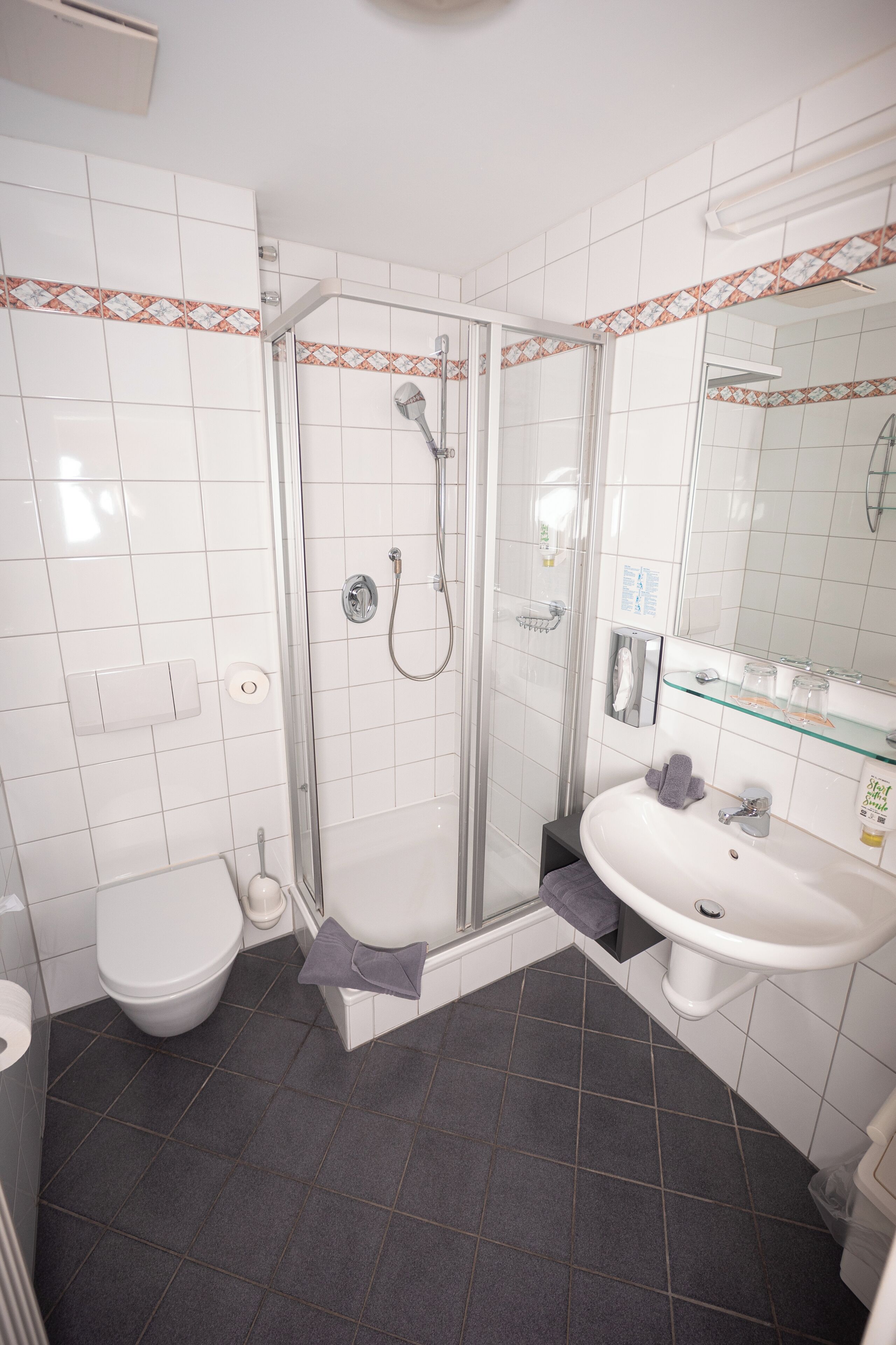 Un baño con ducha de vidrio, lavamanos blanco y un inodoro.