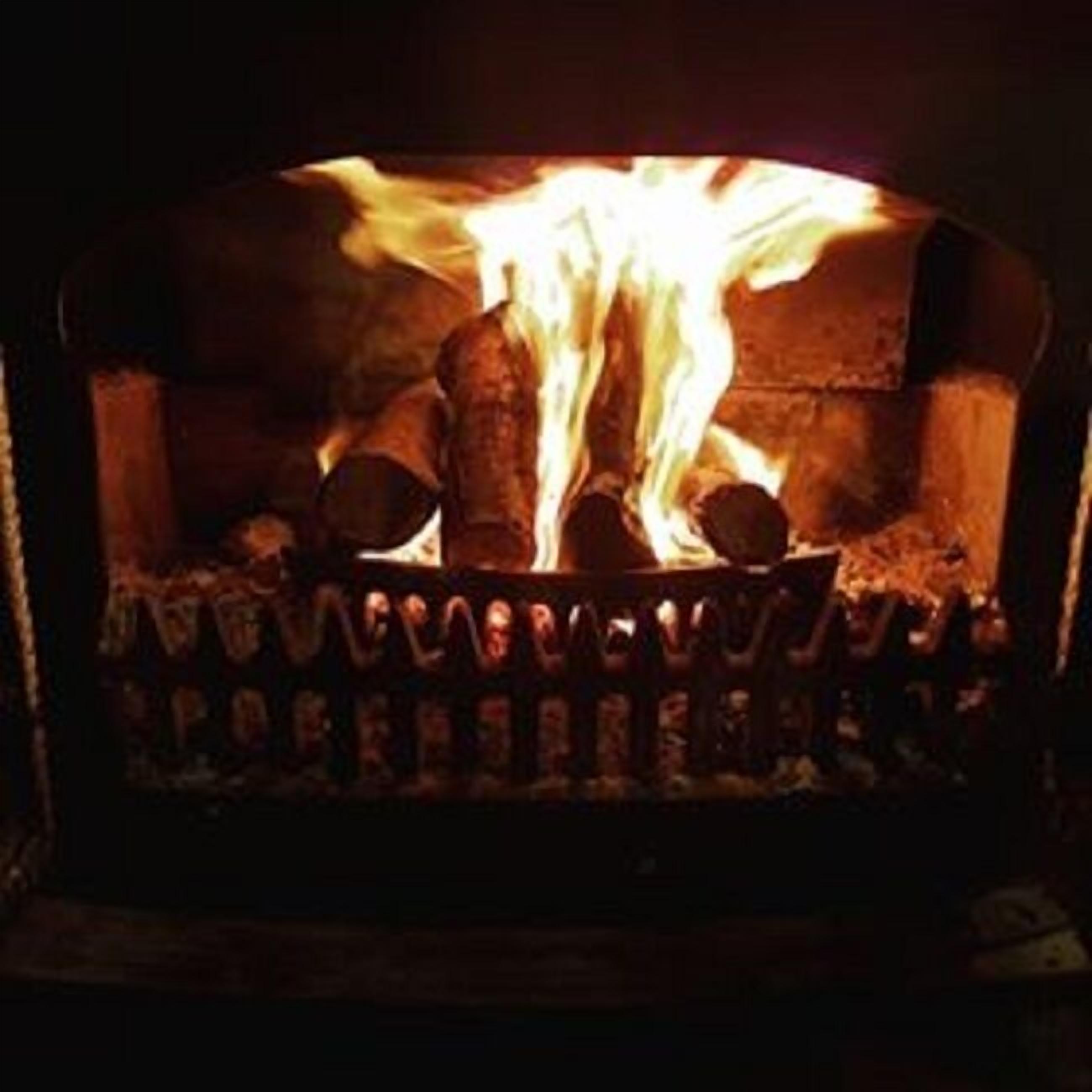 A fireplace with logs burning inside.