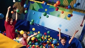 Un espace de jeux avec une enceinte grillagée et des balles colorées.