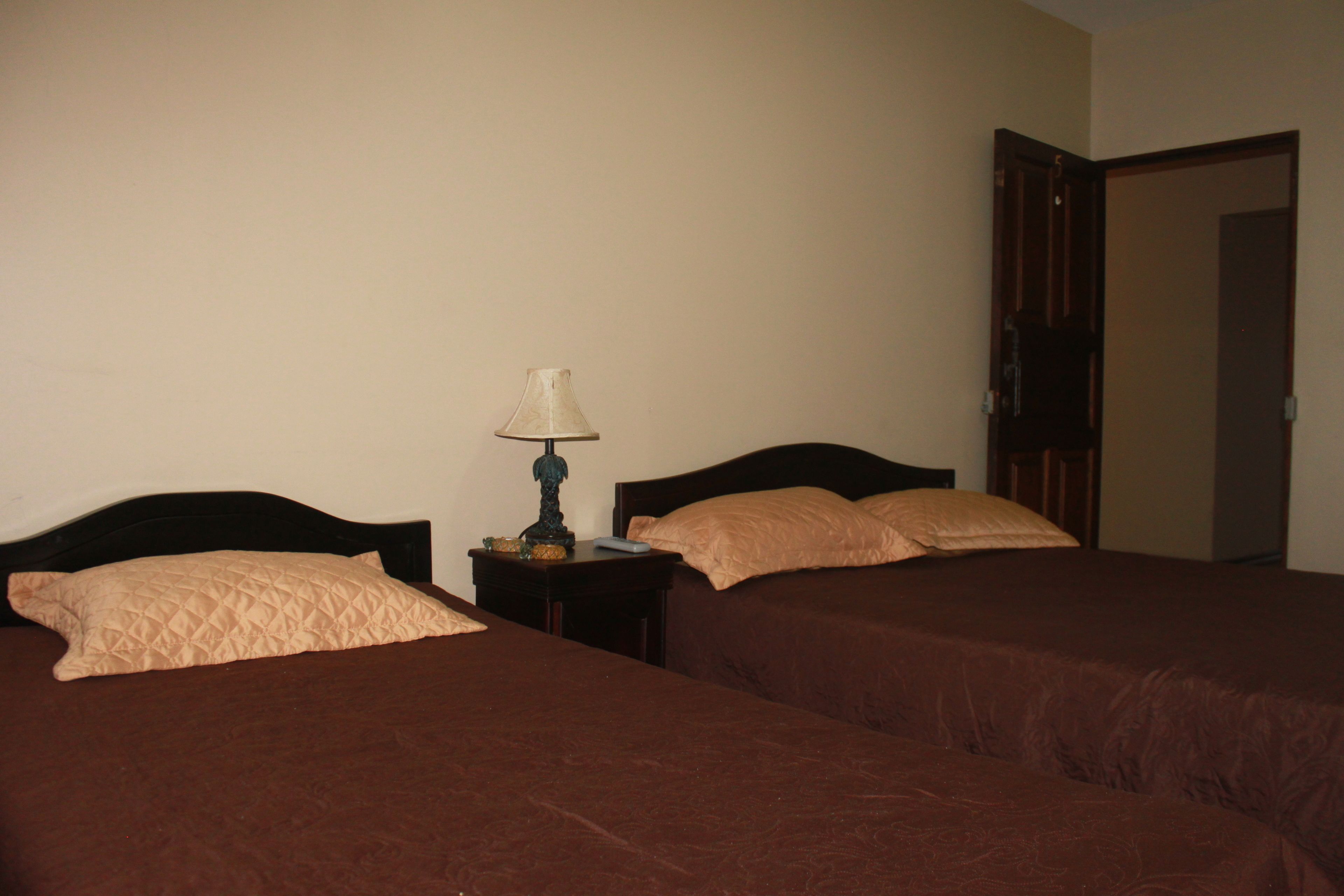 A bedroom with two beds, a nightstand with a lamp, and a door leading to another room.
