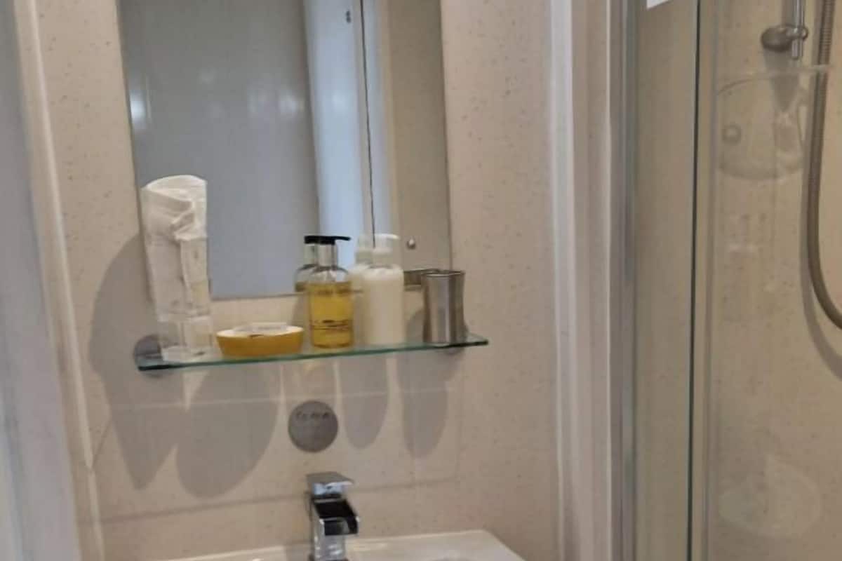 A bathroom with a white sink, a glass shower enclosure, and a trash bin.