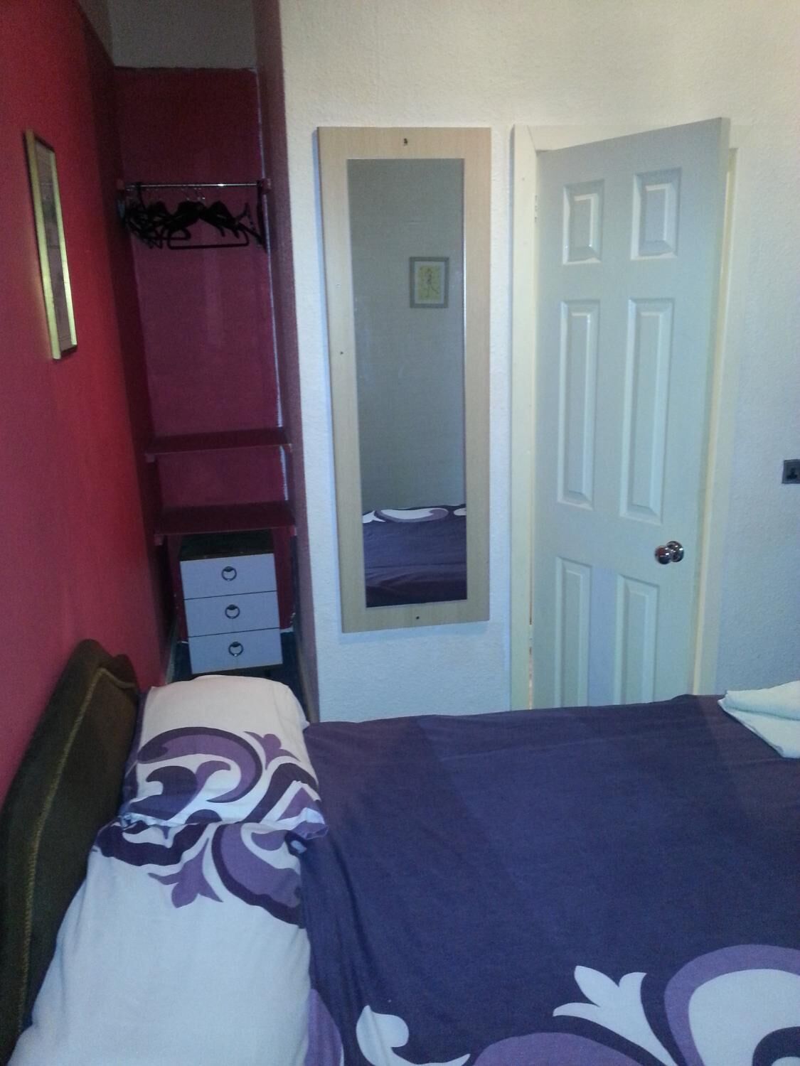 A bedroom with a bed, a wardrobe, a mirror, and a door.