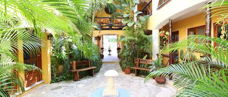 A courtyard with a central fountain, surrounded by potted plants and wooden benches.