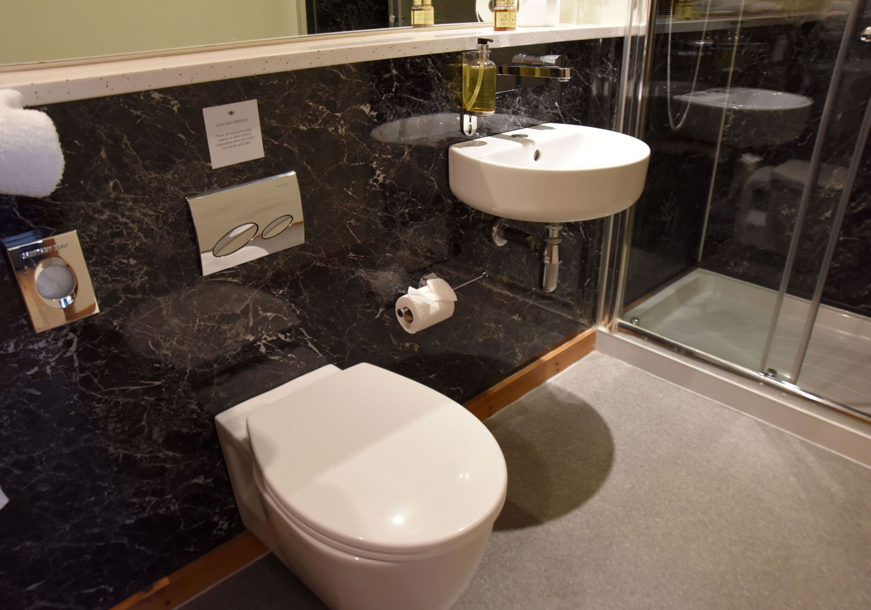 A bathroom with a white toilet, a sink, and a shower area.