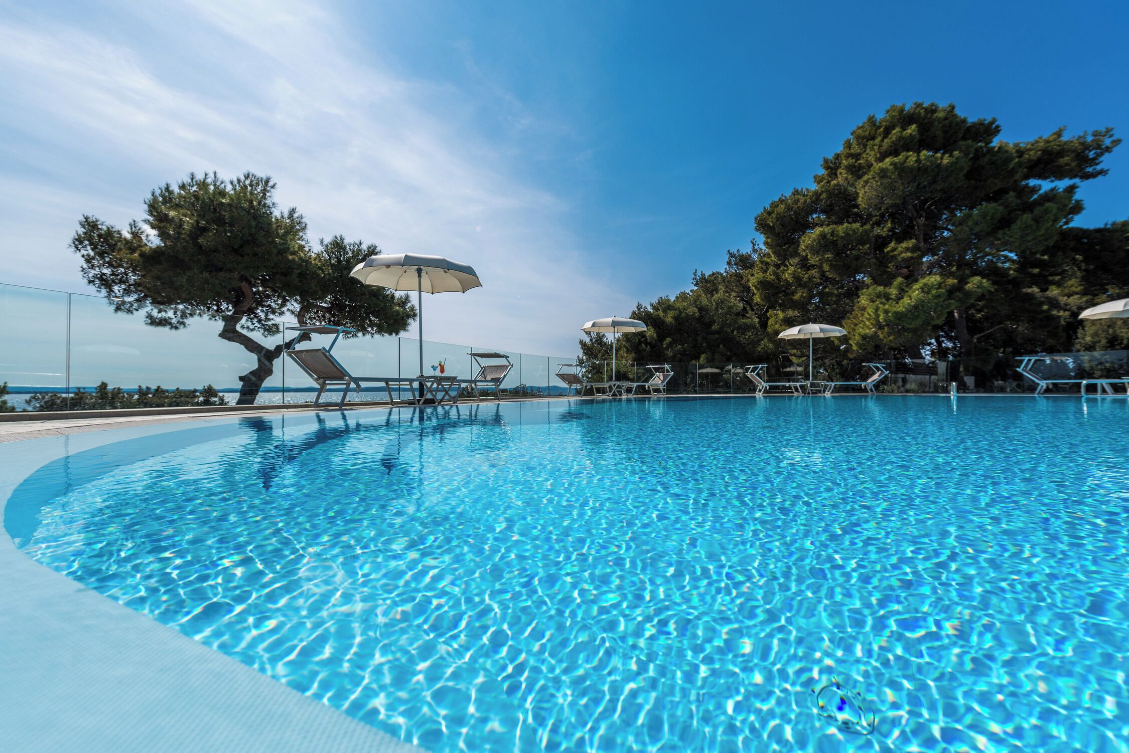 A clear blue swimming pool with lounge chairs and umbrellas, surrounded by trees and a clear sky.