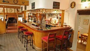 Zona de bar con taburetes de madera, una barra con botellas y una chimenea al fondo.