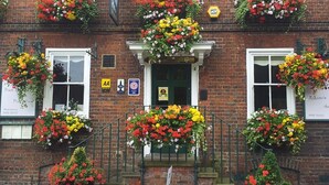 Un edificio de ladrillo con múltiples ventanas, cada una decorada con macetas colgantes de flores.