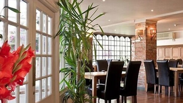 A restaurant with a high ceiling, large windows, and a mix of wooden and stone elements. - The Greyhound Inn Aldbury (Tring)