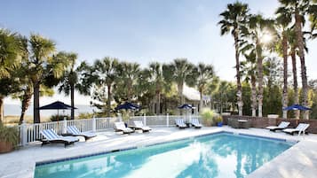 Outdoor pool, pool umbrellas, pool loungers