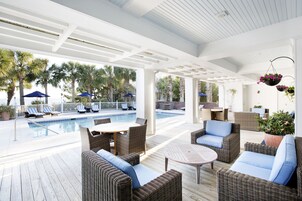 Outdoor pool, pool umbrellas, sun loungers