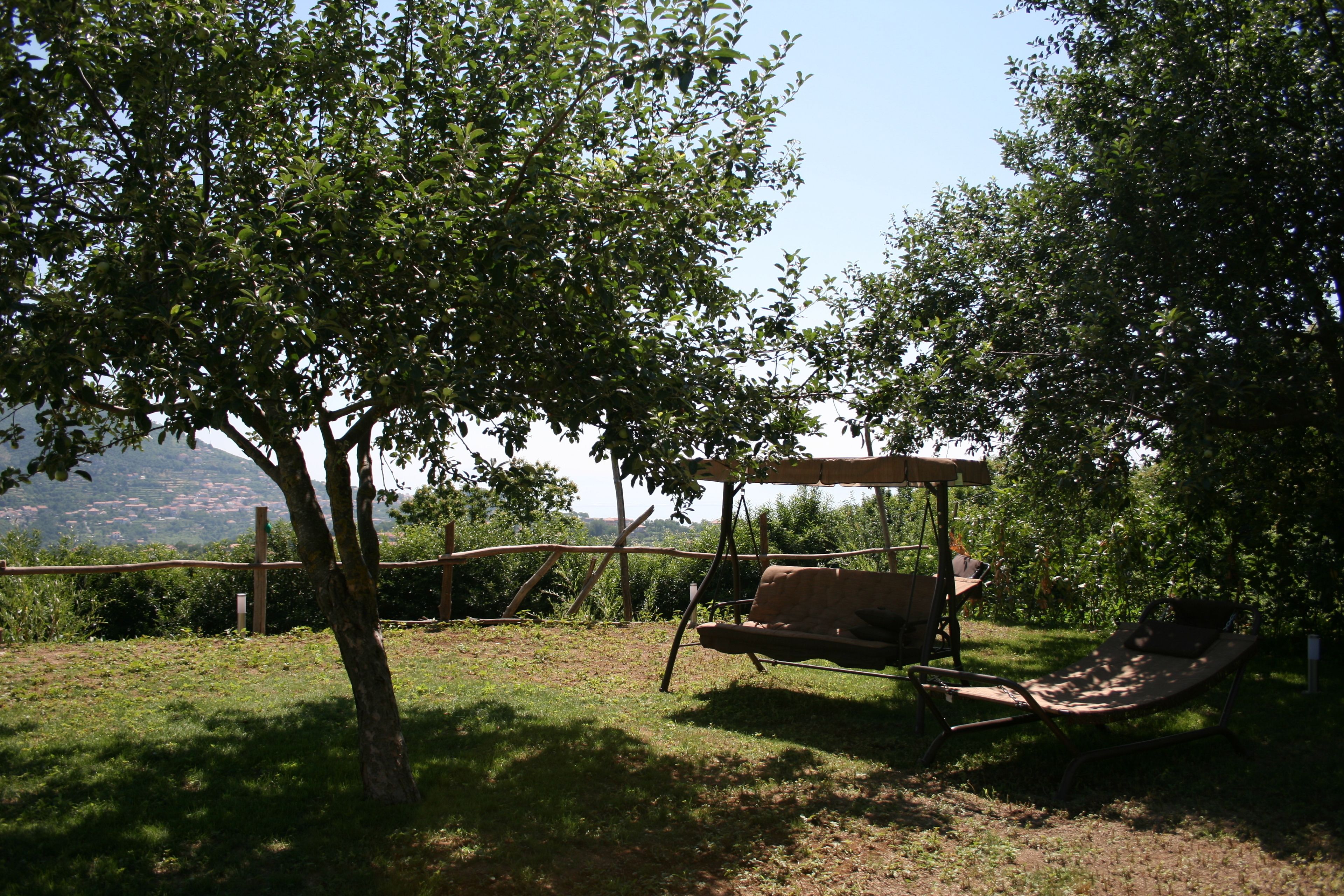 Jardí amb cadira de balancí i cadira relaxant, envoltat d'arbres i vista al camp.