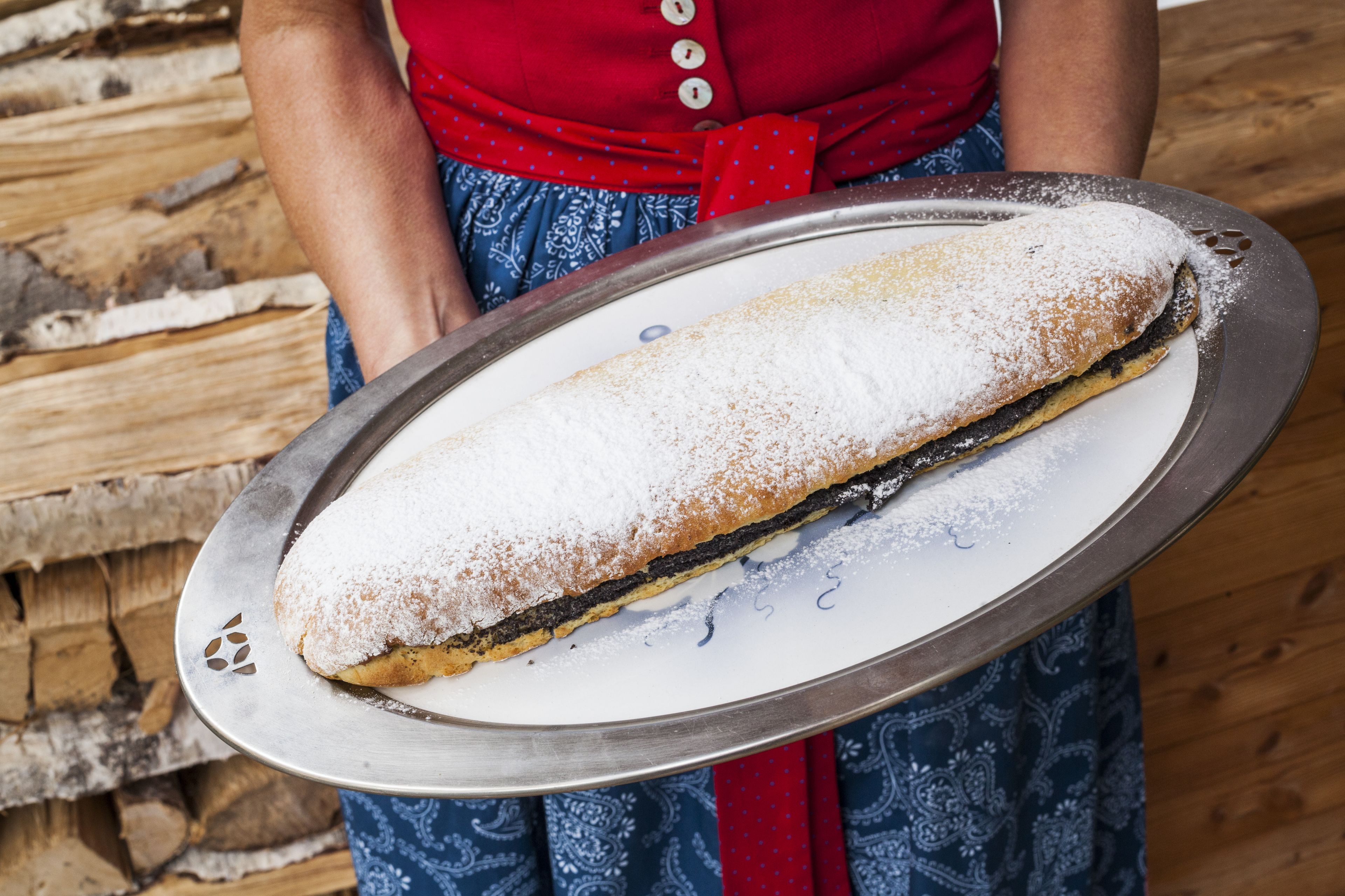 A person holding a tray with a long pastry covered in powdered sugar.