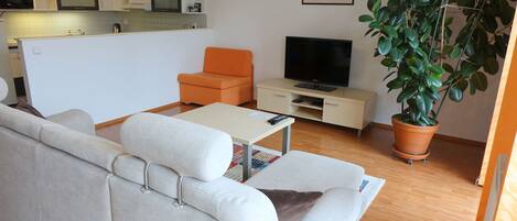A modern living room with a sofa, a television, a coffee table, and a potted plant.