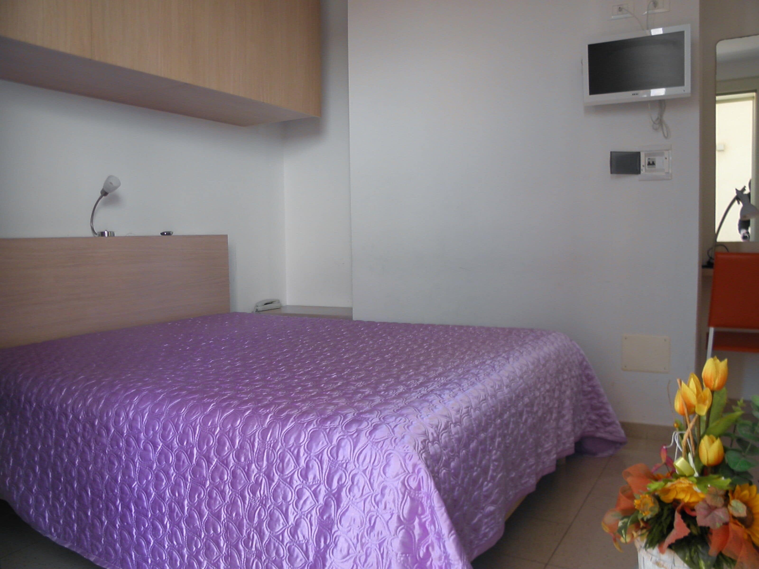 Un dormitorio con una cama, televisor y teléfono.