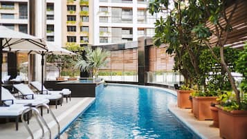 Outdoor pool, open 6:00 AM to 8:00 PM, pool umbrellas, sun loungers