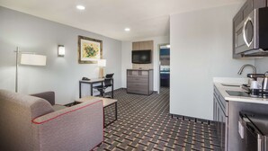 Une chambre d’hôtel compacte comprenant un coin cuisine, un canapé, un bureau et une télévision.