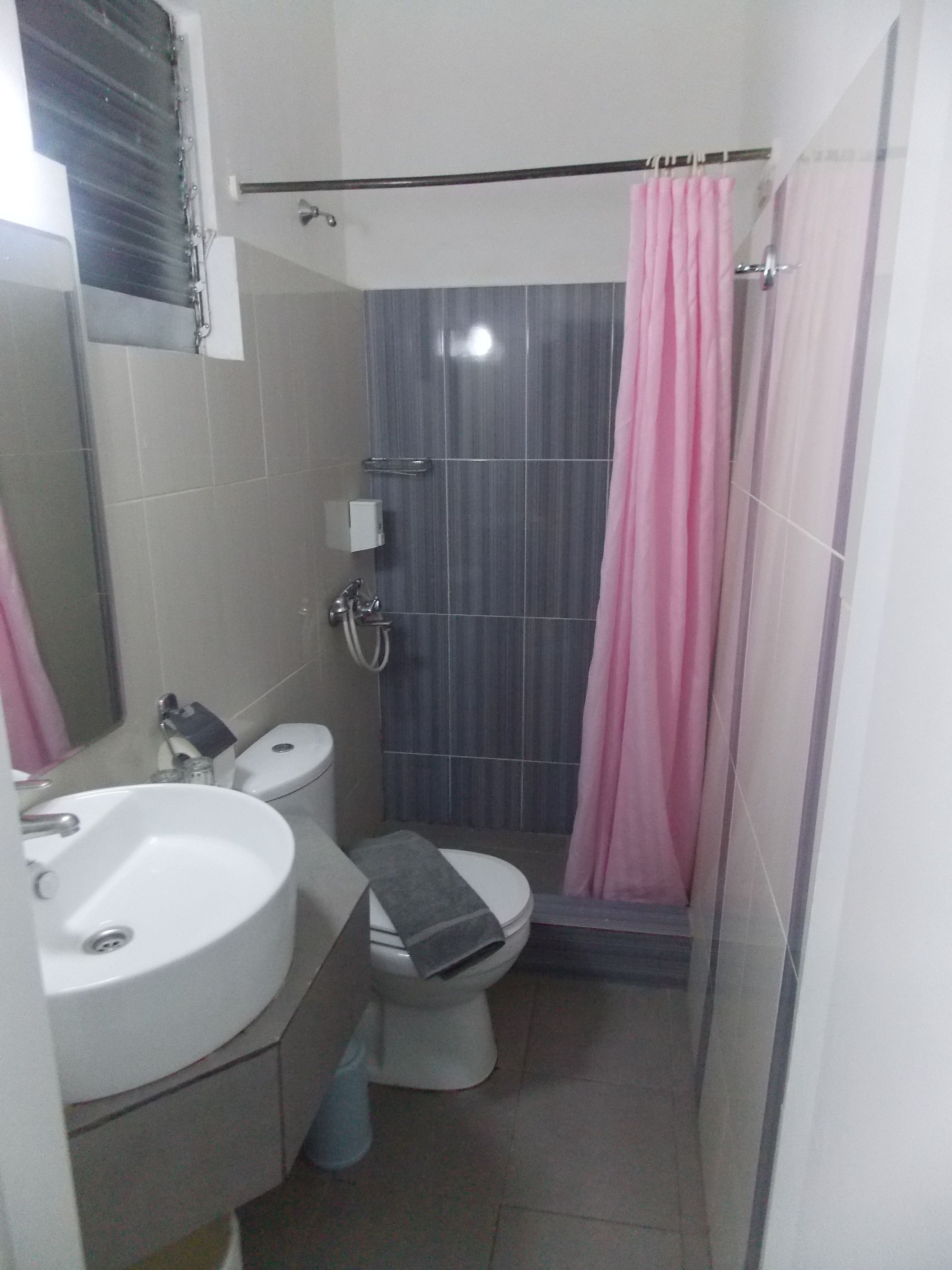 Een badkamer met een wastafel, toilet en douche.