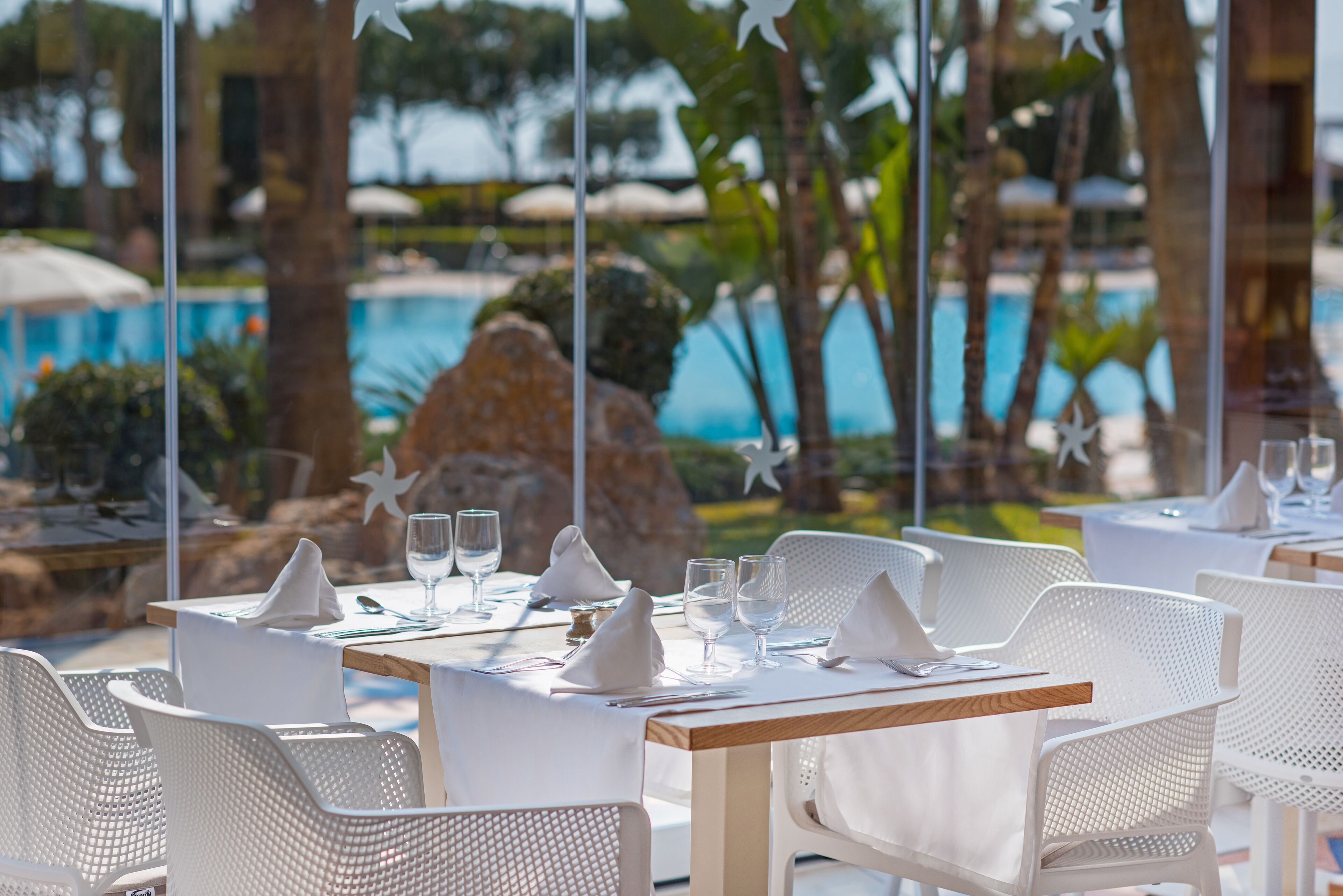 An outdoor dining area with white tables and chairs, a pool in the background, and palm trees.