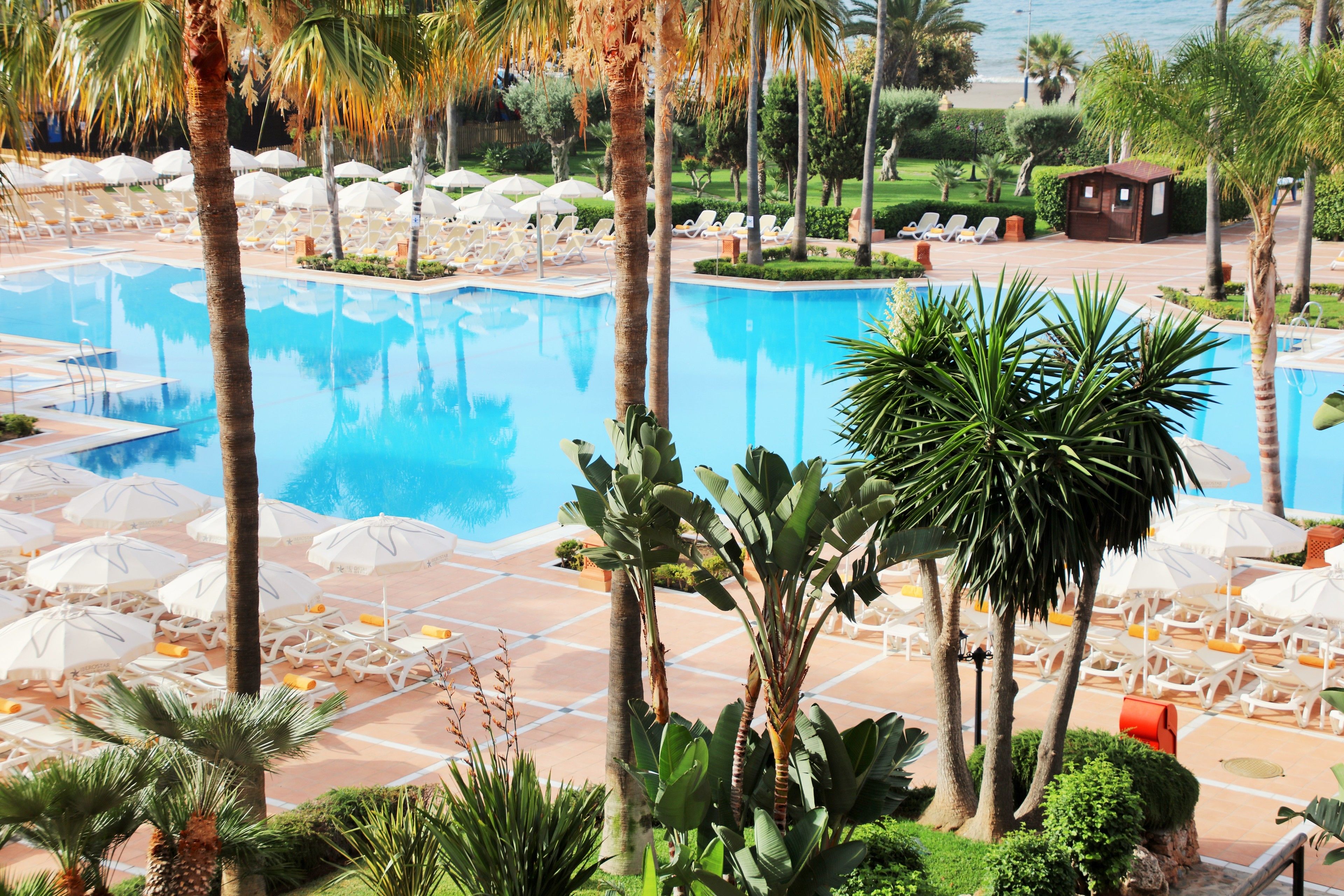 indoor pool, outdoor pool, pool umbrellas, pool loungers