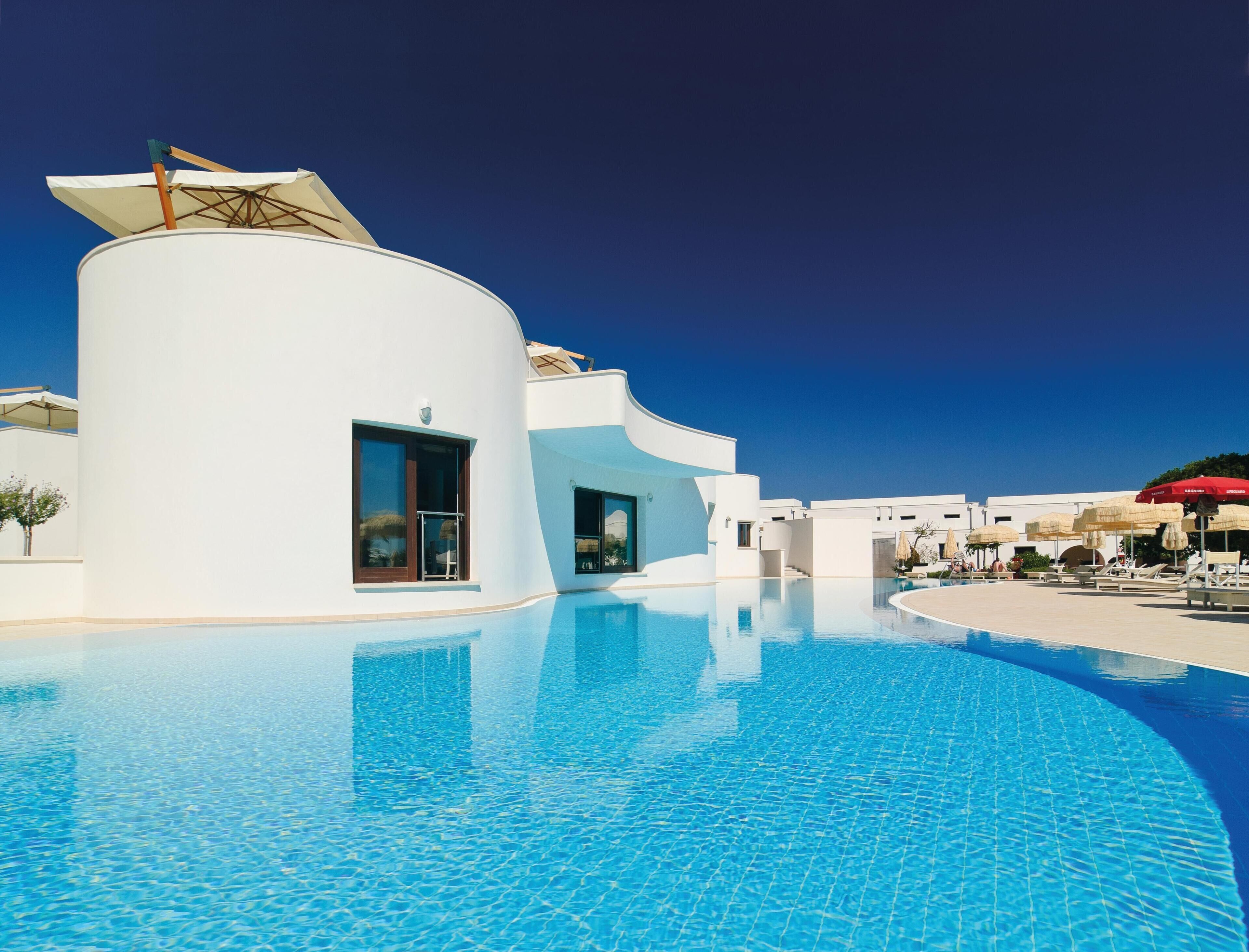 Outdoor pool, pool umbrellas, pool loungers