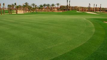 A golf course with sand bunkers and palm trees.