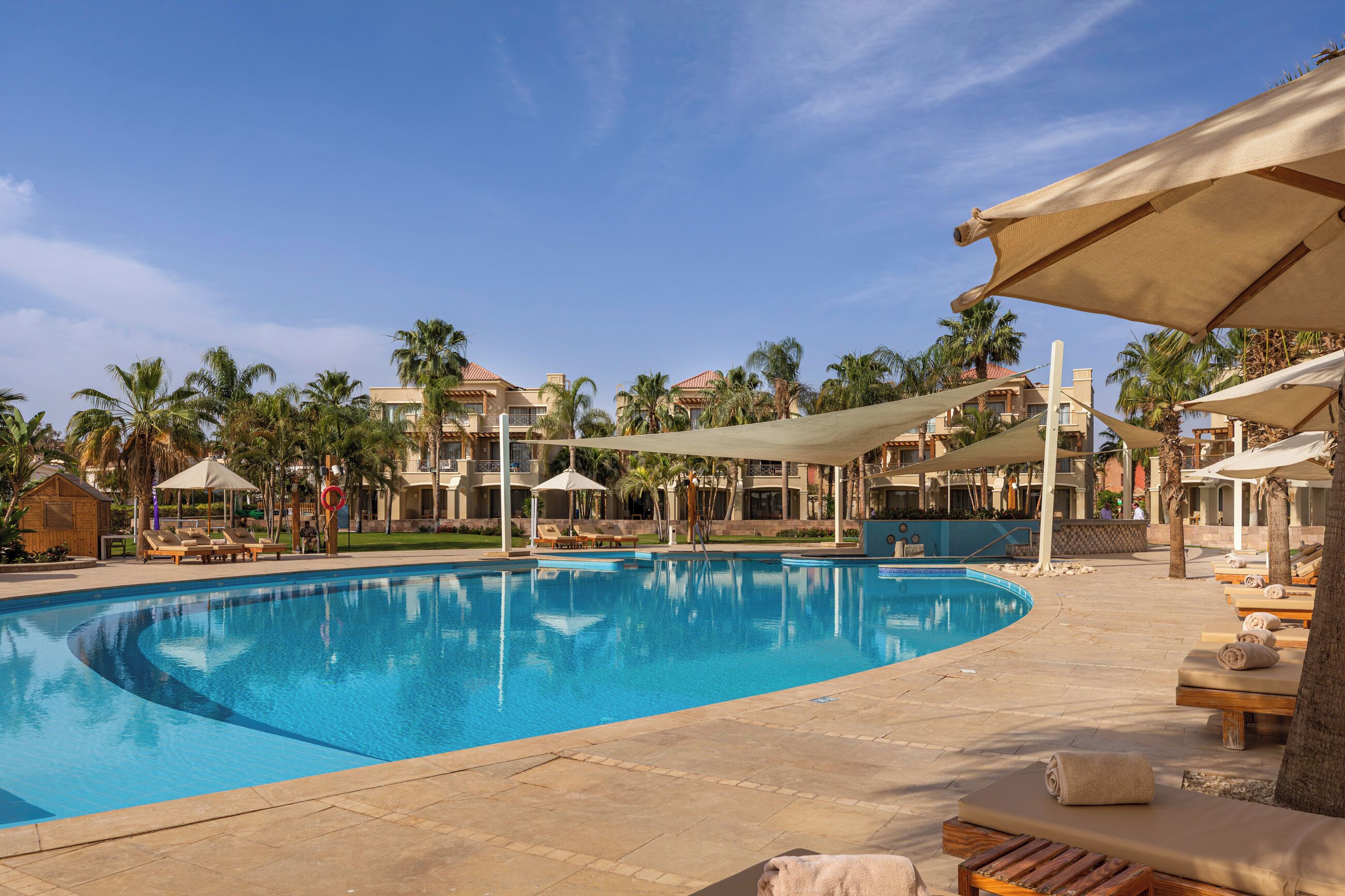 Une piscine entourée de palmiers et d’immeubles, avec des chaises longues et des parasols.