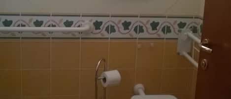 A small bathroom with a toilet, a toilet paper holder, and a window.