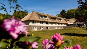 A building with a thatched roof and multiple windows, surrounded by a grassy lawn and trees. - HOTEL HERIKERBERG (Markelo)