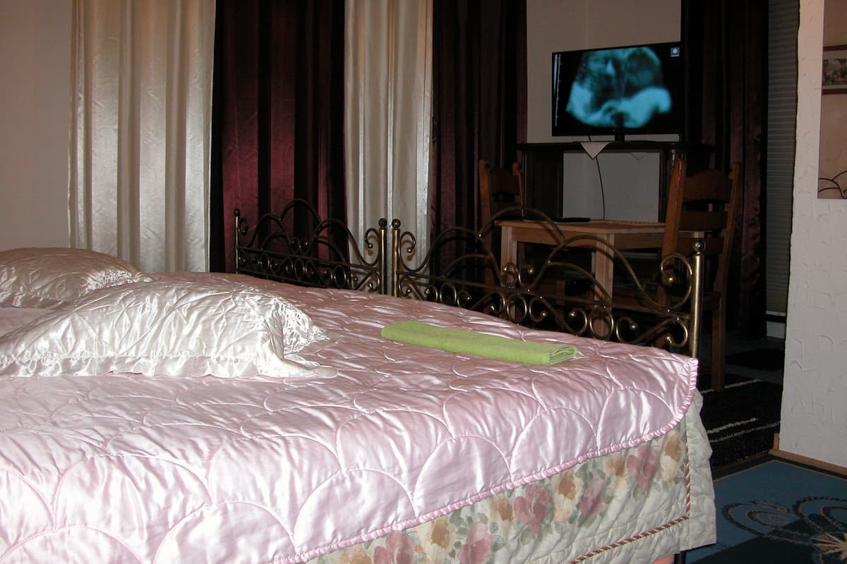 Una camera da letto con un letto, una televisione su un mobile, una sedia e tende.