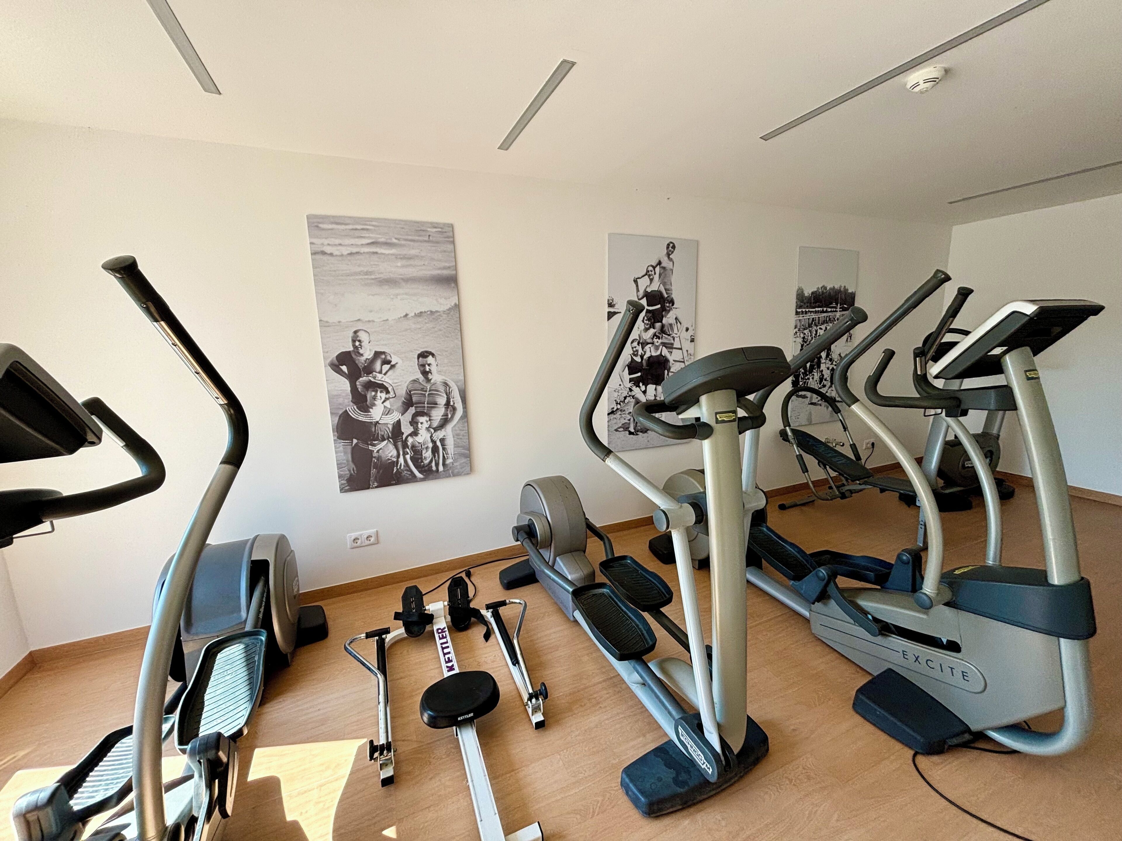 A gym with various cardio machines, including treadmills and elliptical trainers, arranged in a spacious room with wooden flooring and wall-mounted exercise equipment.