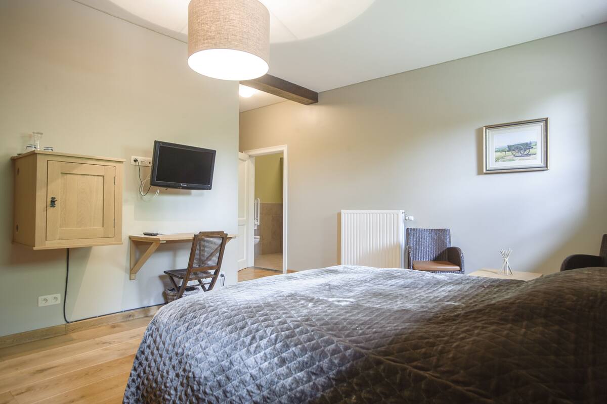 Een slaapkamer met een bed, bureau, stoel, televisie en een ingelijste foto aan de muur.