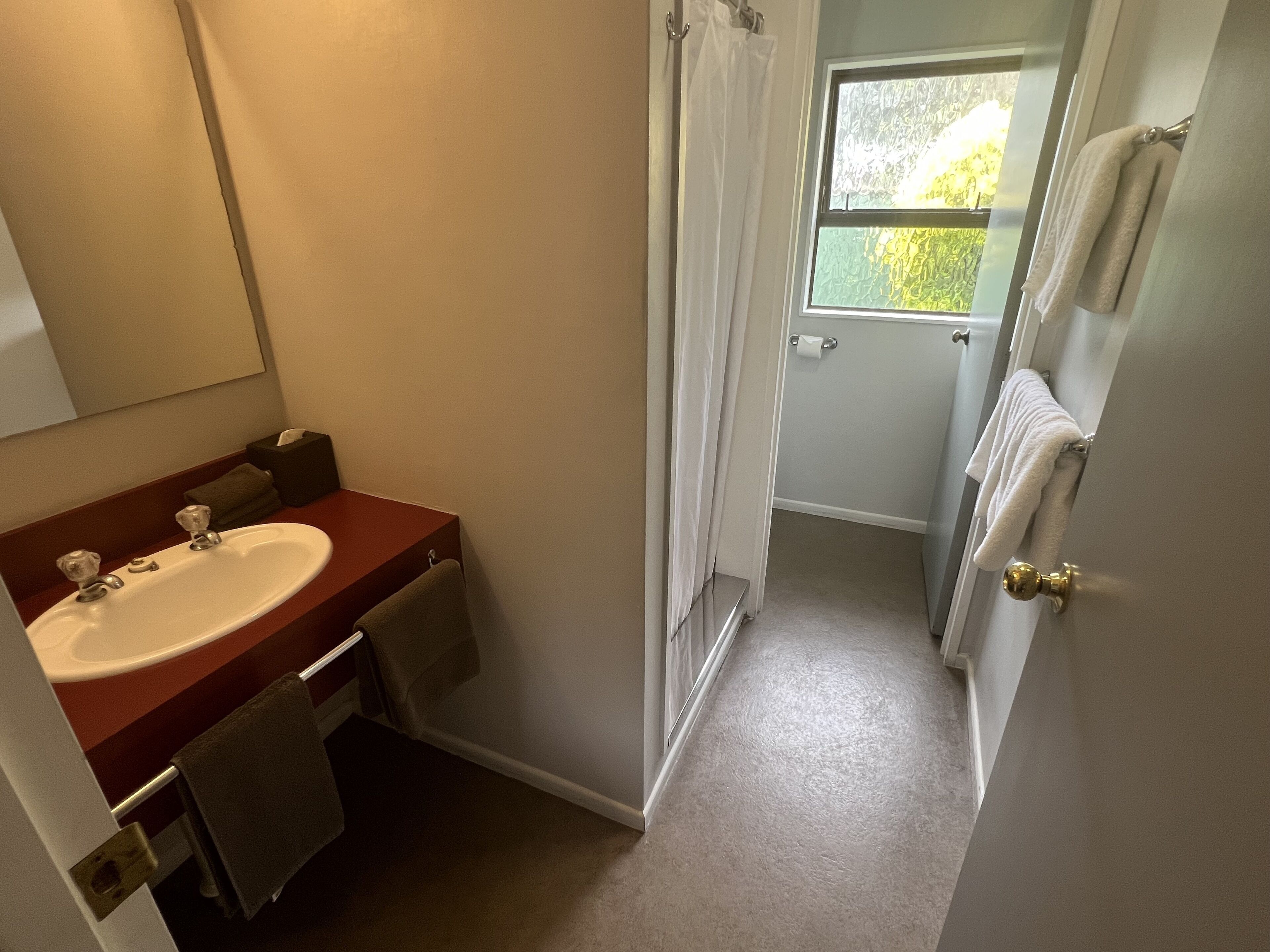 Une salle de bain avec un lavabo, un miroir et un porte-serviettes.