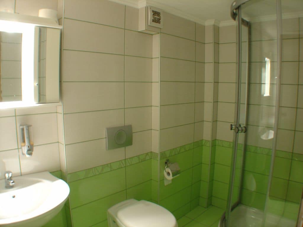 A bathroom with a sink, toilet, and shower.