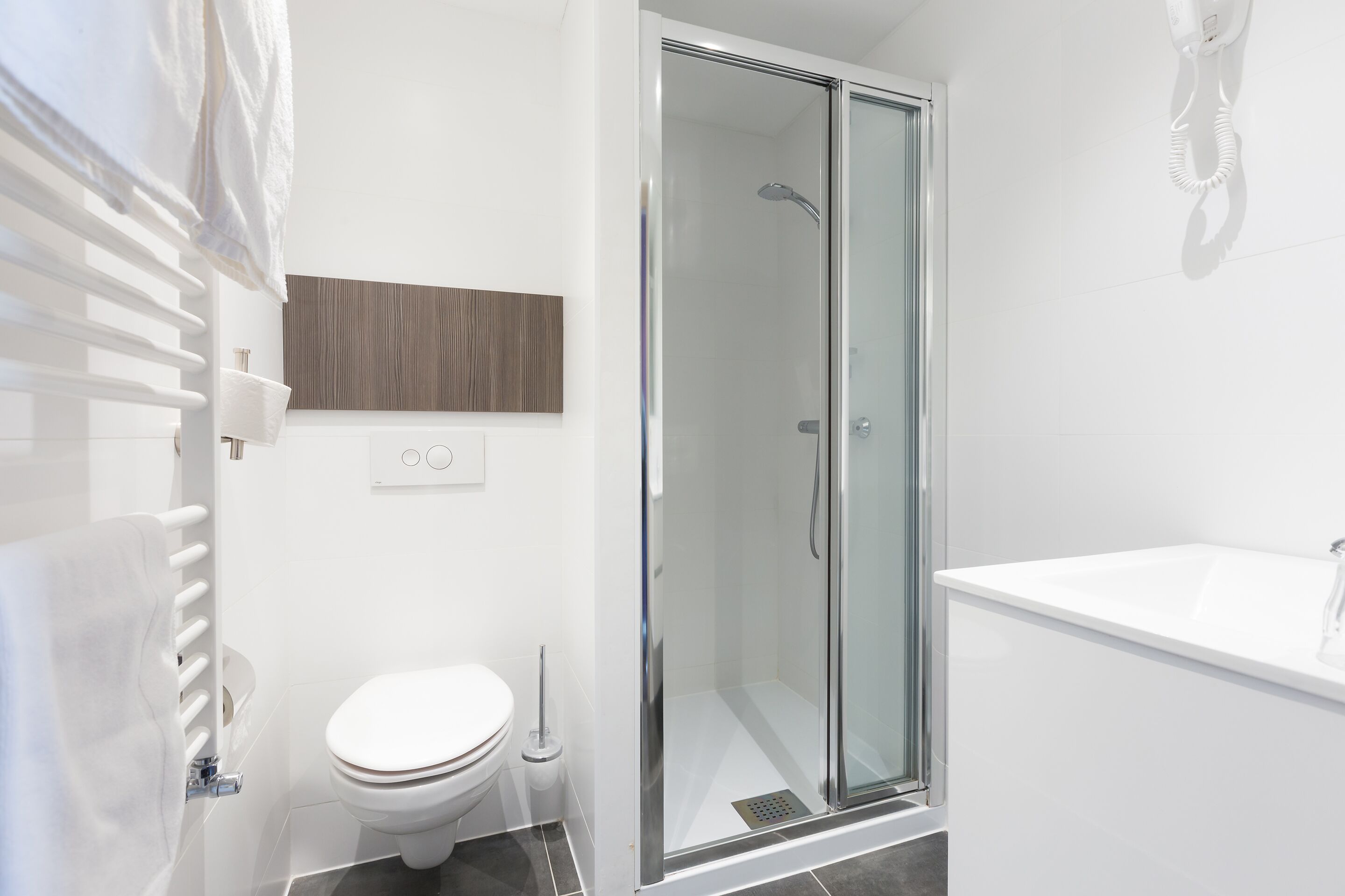 A modern bathroom with a glass-enclosed shower, a white toilet, and a large white sink.