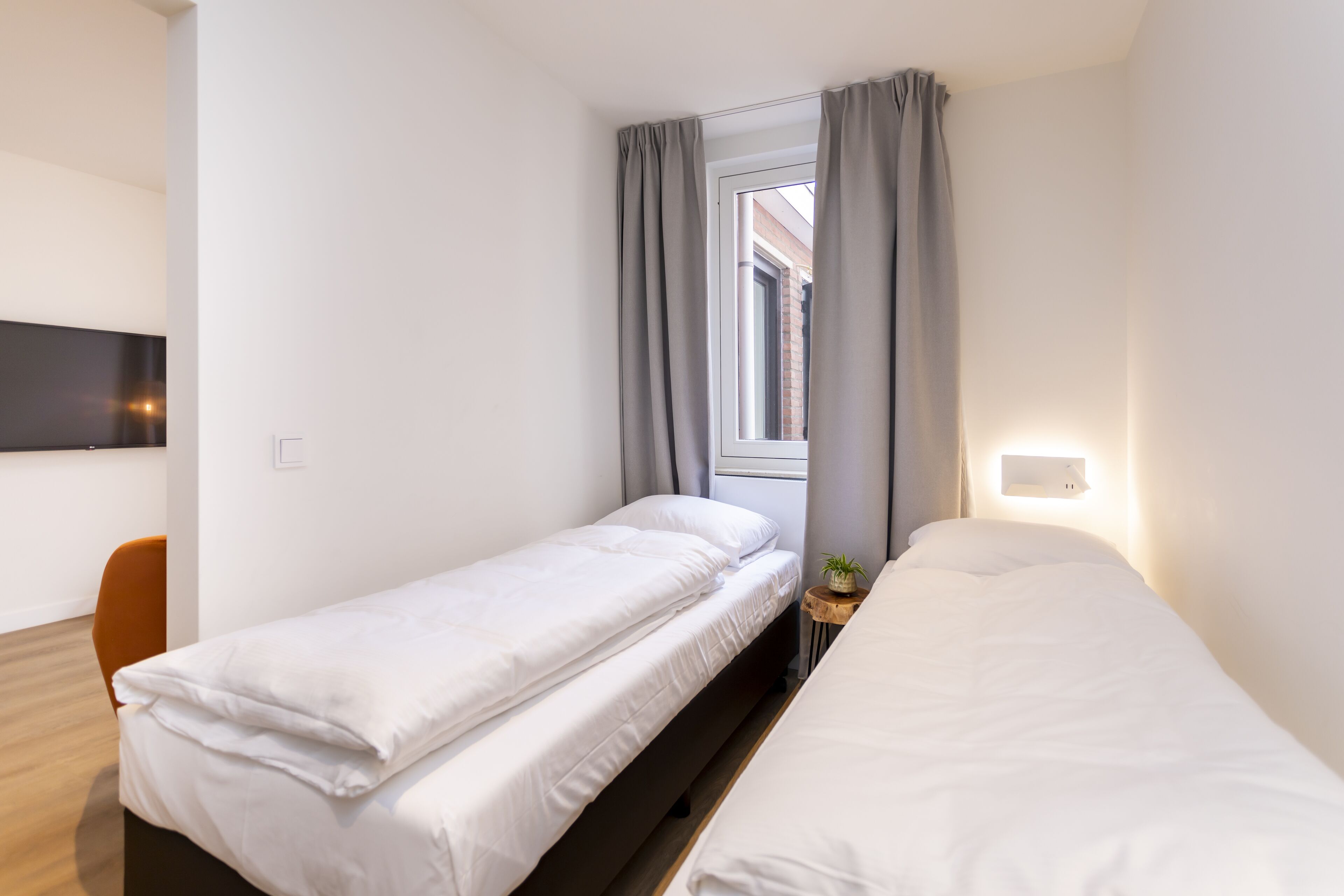 A small, modern room with two single beds, a wooden side table with a plant, a window with curtains, and a flat-screen TV mounted on the wall.