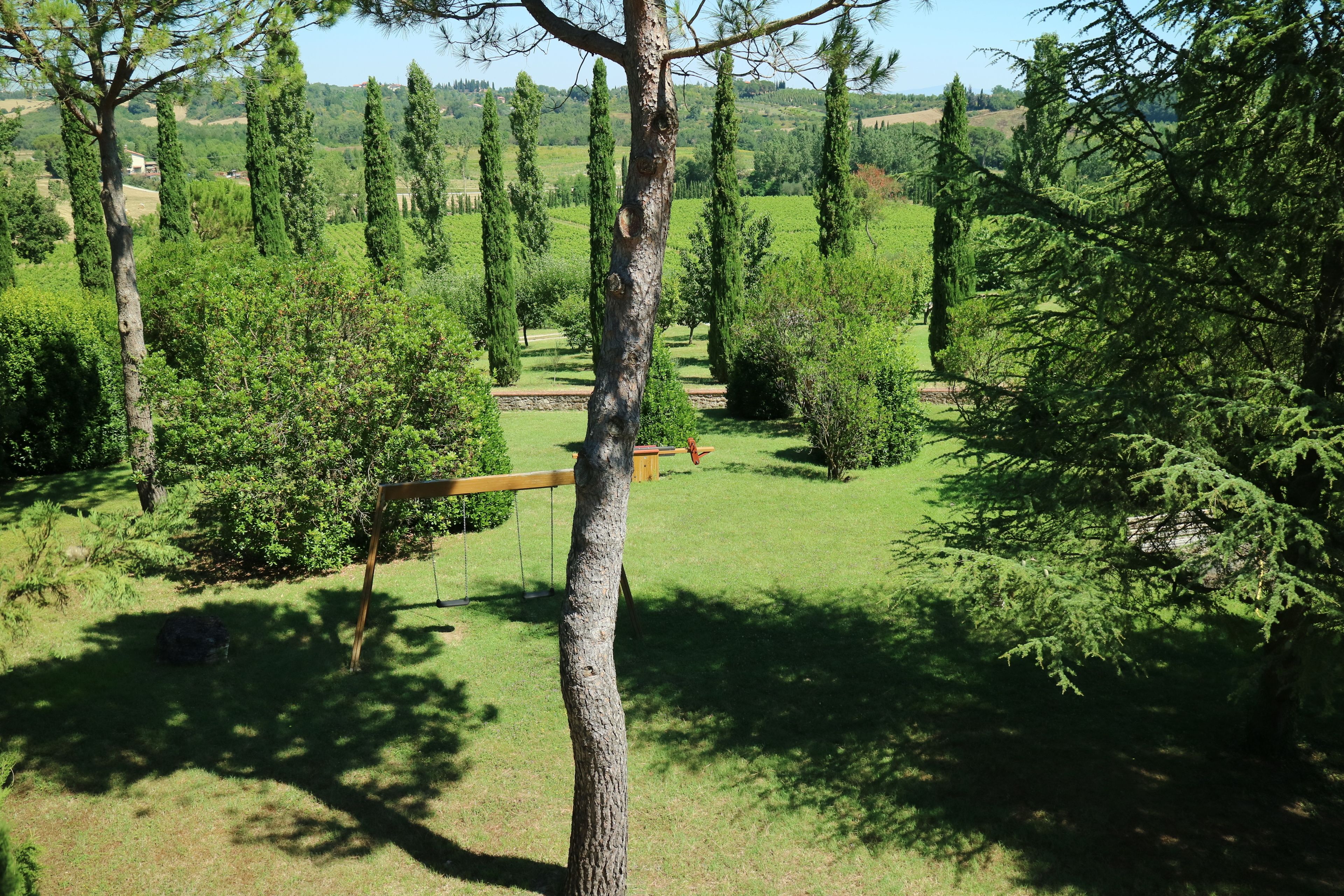 A well-maintained garden with a variety of trees and a wooden bench.
