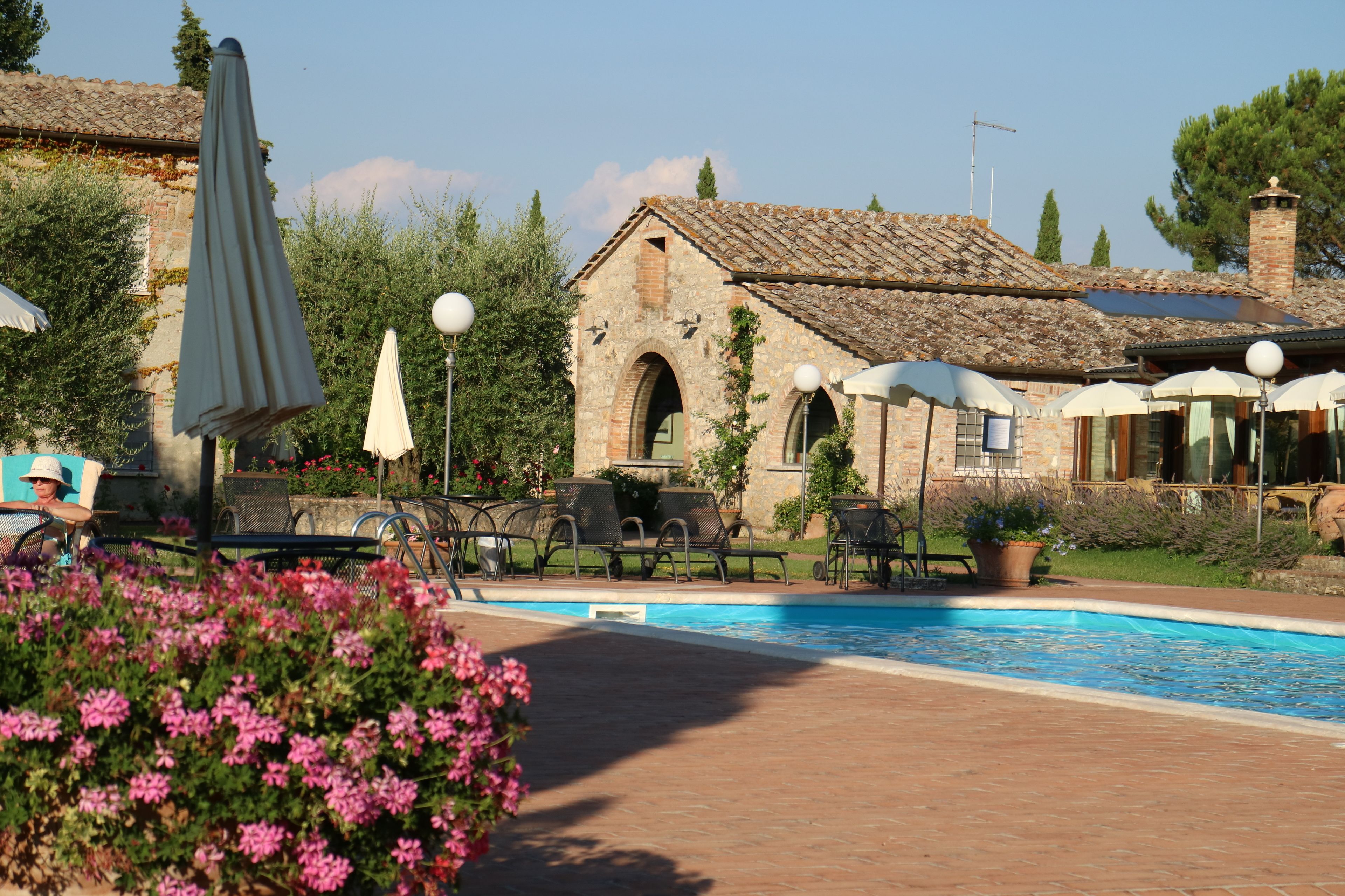 Outdoor pool, pool umbrellas, pool loungers