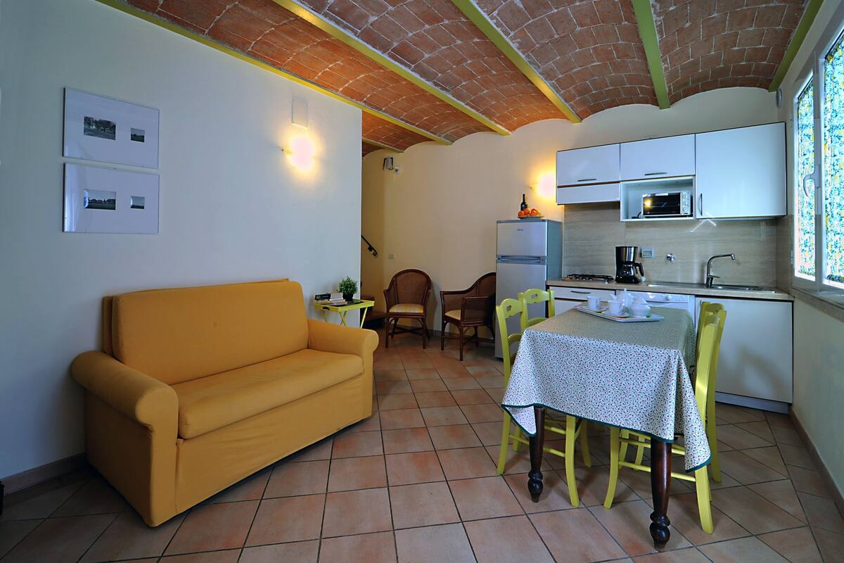 Un espace de vie compact comprenant un canapé jaune, une table à manger avec des chaises, un coin cuisine avec un four à micro-ondes et un plafond en briques.