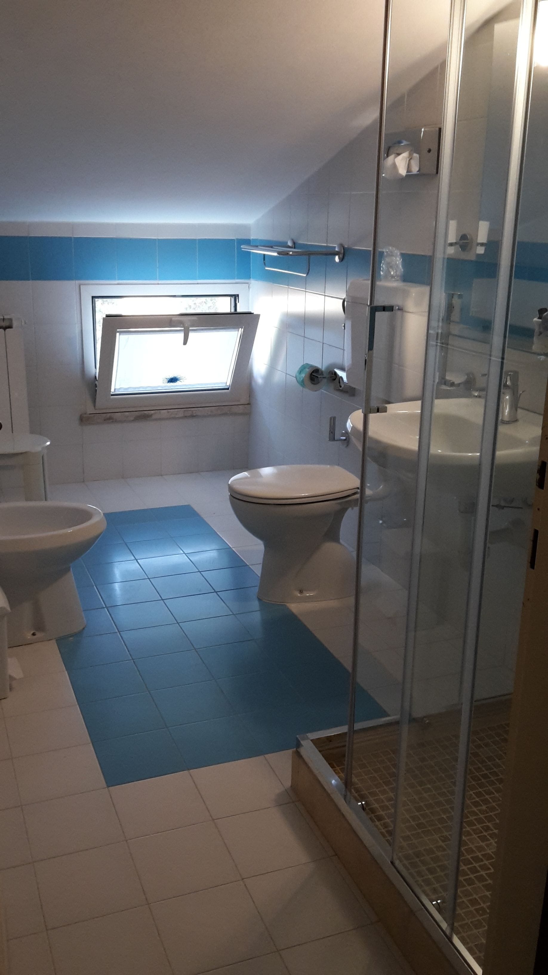 Un bagno con toilette, bidet e zona doccia.