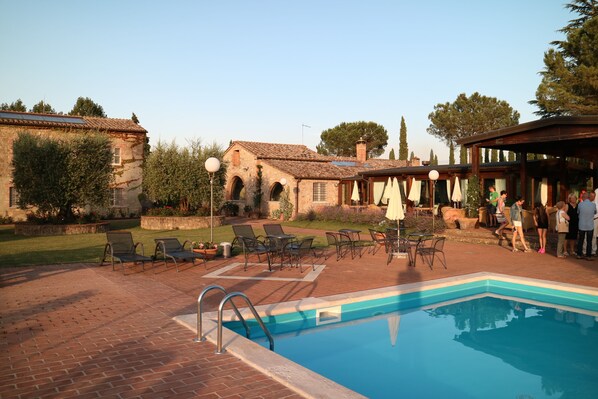 Outdoor pool, pool umbrellas, pool loungers