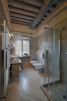 Shower, free toiletries, hair dryer, towels