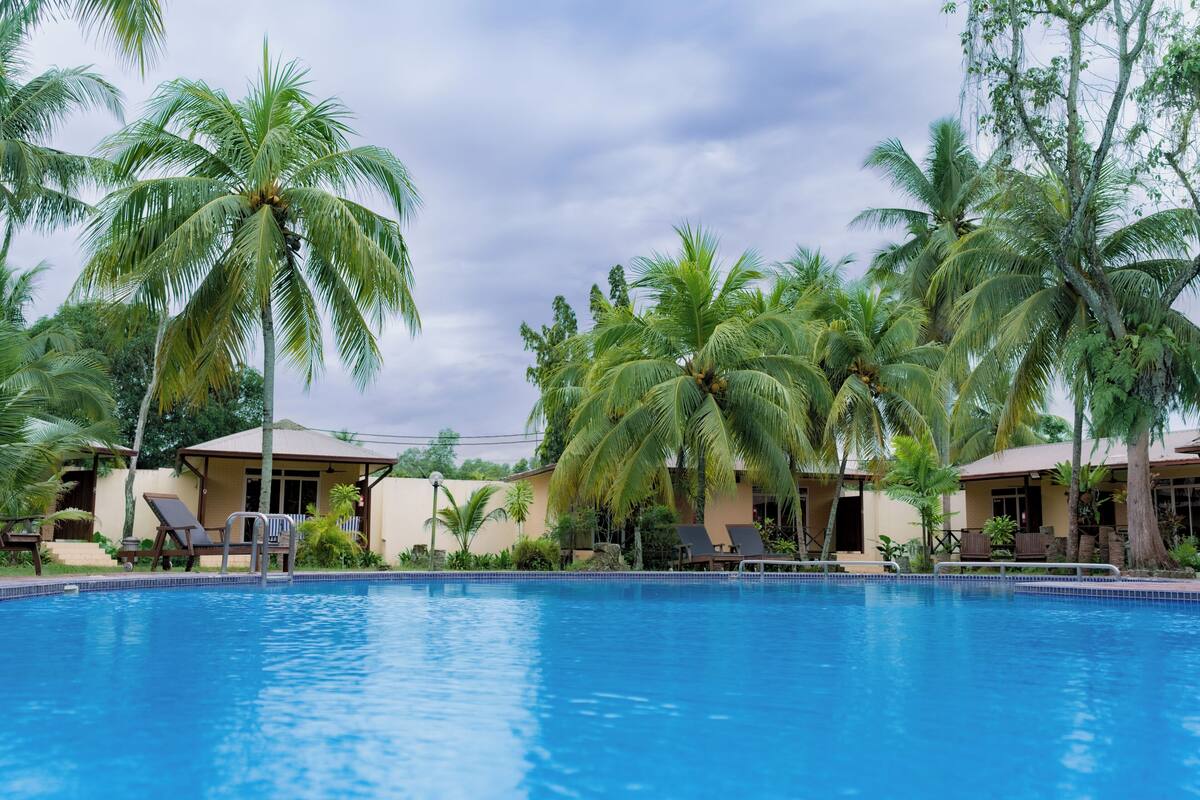 A swimming pool surrounded by palm trees and lounge chairs, with a building in the background.