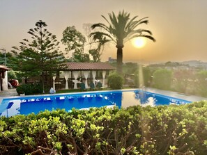 Seasonal outdoor pool, open 9:00 AM to 10:00 PM, pool umbrellas