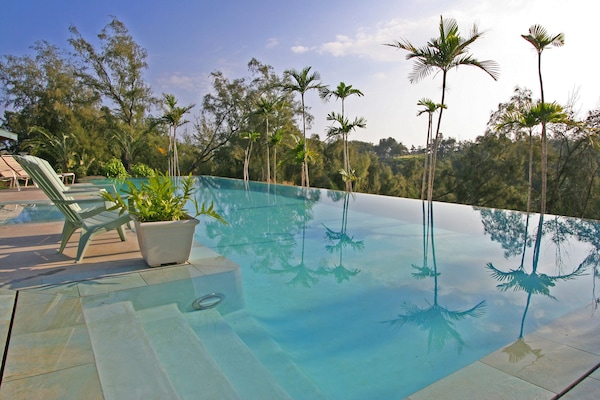 Kolam renang outdoor, dengan payung kolam renang dan kursi berjemur