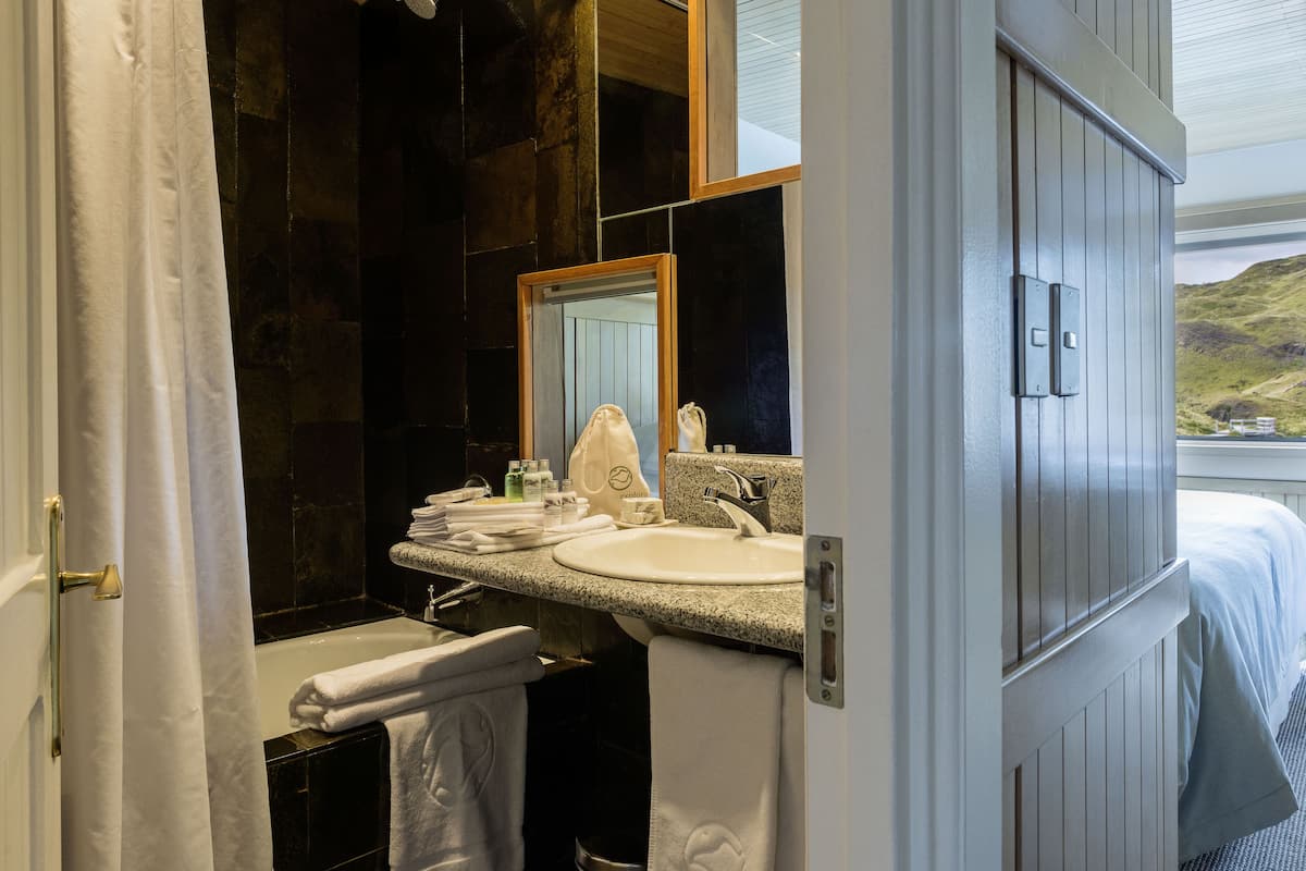 combined shower/bathtub, jetted bath, rainfall showerhead